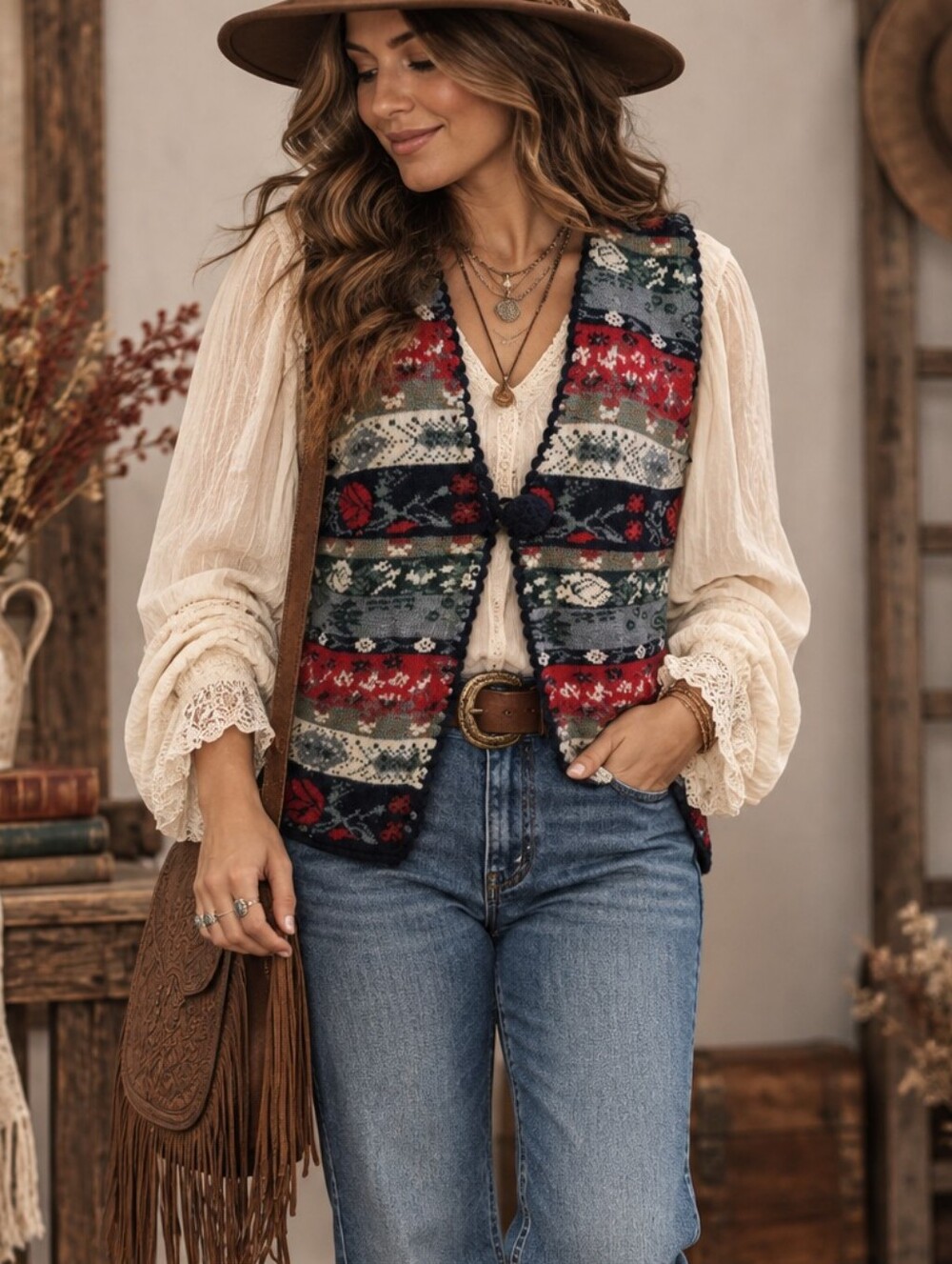Vintage sweater vest L Multicolor Floral Cottagecore Western Boho Americana
